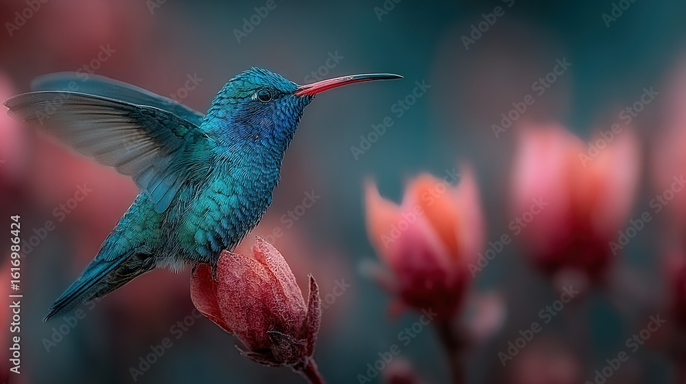 Fototapeta premium Iridescent Blue Hummingbird Perched on a Delicate Pink Bud with Soft Bokeh Background