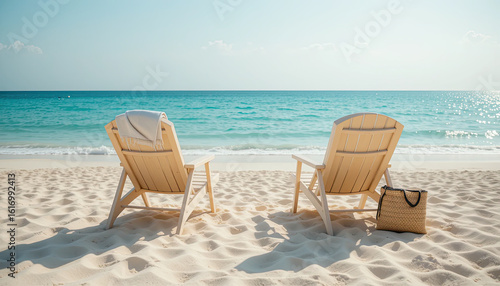 Two wooden beach chairs with towel and straw bag on white sand facing calm turquoise sea under blue sky  perfect tropical vacation setting for peaceful summer relaxation 