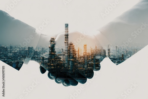 Business handshake overlaid with industrial cityscape