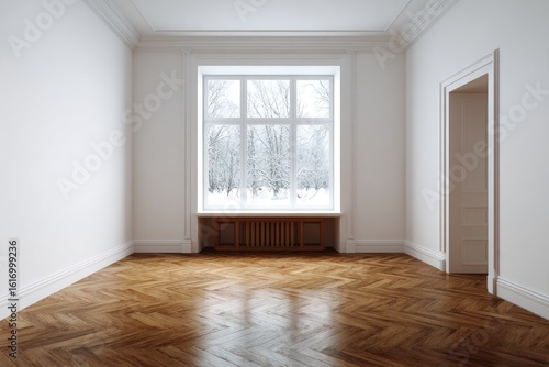 Empty room with hardwood floors and a winter view