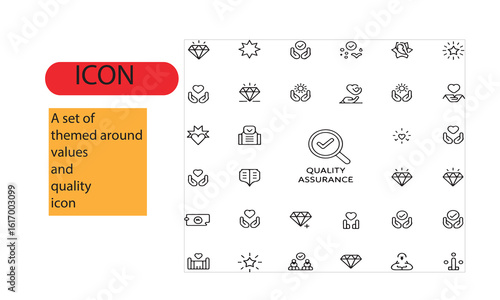 A set of themed around values and quality line art icon