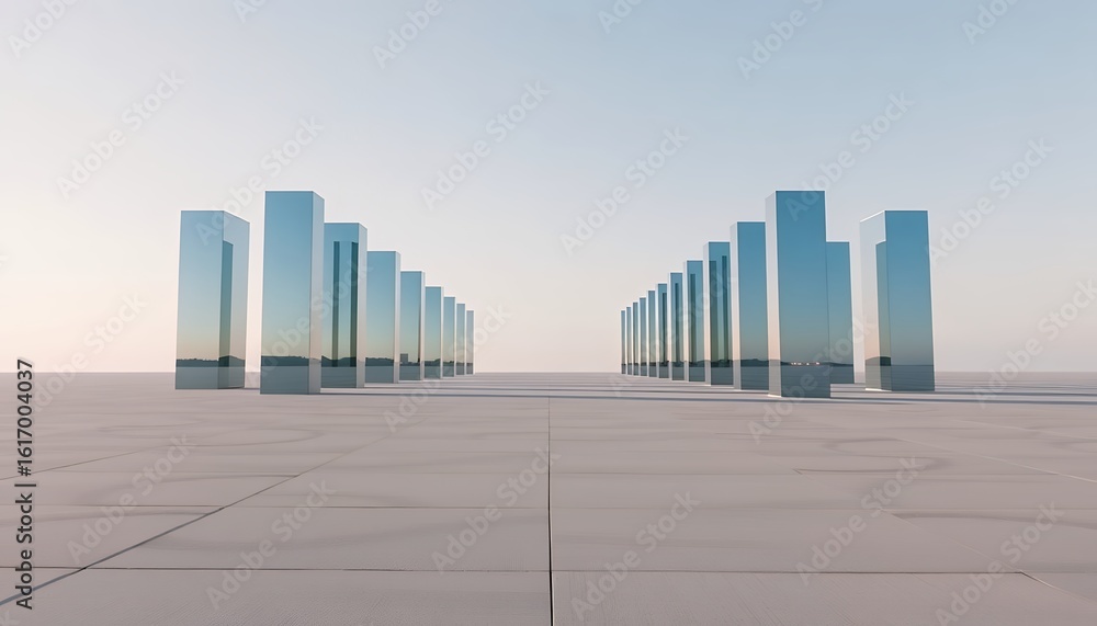 Obraz premium Reflective Pillars Landscape Art Installation Minimalist Modern Architecture Photography
