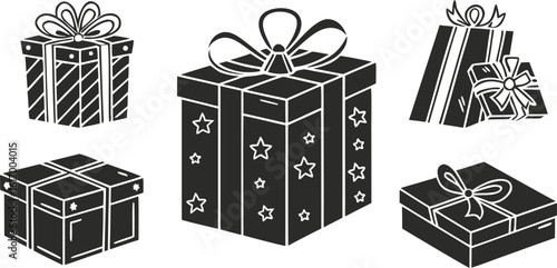 Collection of five black silhouette gift boxes with bows and patterns present christmas