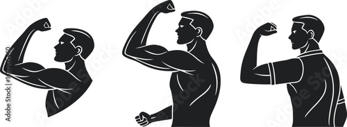 Three black silhouette male figures flexing biceps on white background vector