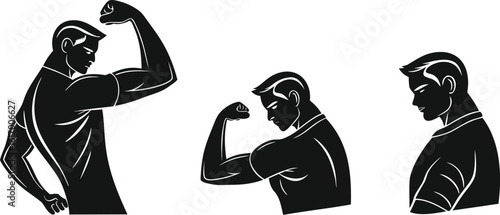 Three black silhouette men flexing biceps and looking down on white background male