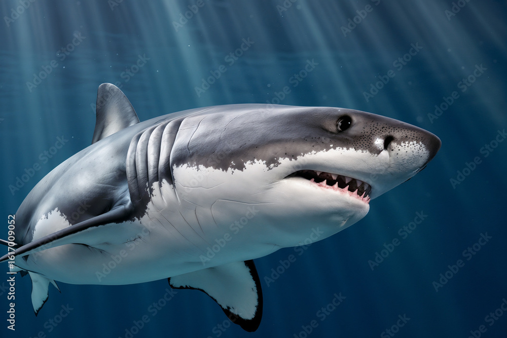 Fototapeta premium Great White Shark Underwater: Majestic Predator in Ocean Depths