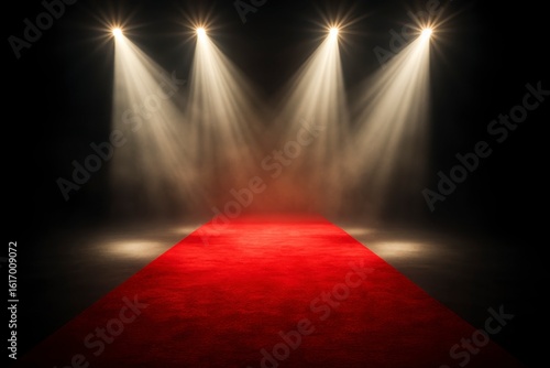 Step into the spotlight on this vibrant red carpet, illuminated by stage lights for a grand entrance