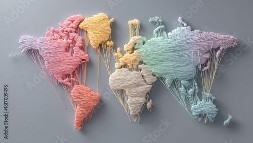 Pastel world map, stitched with threads