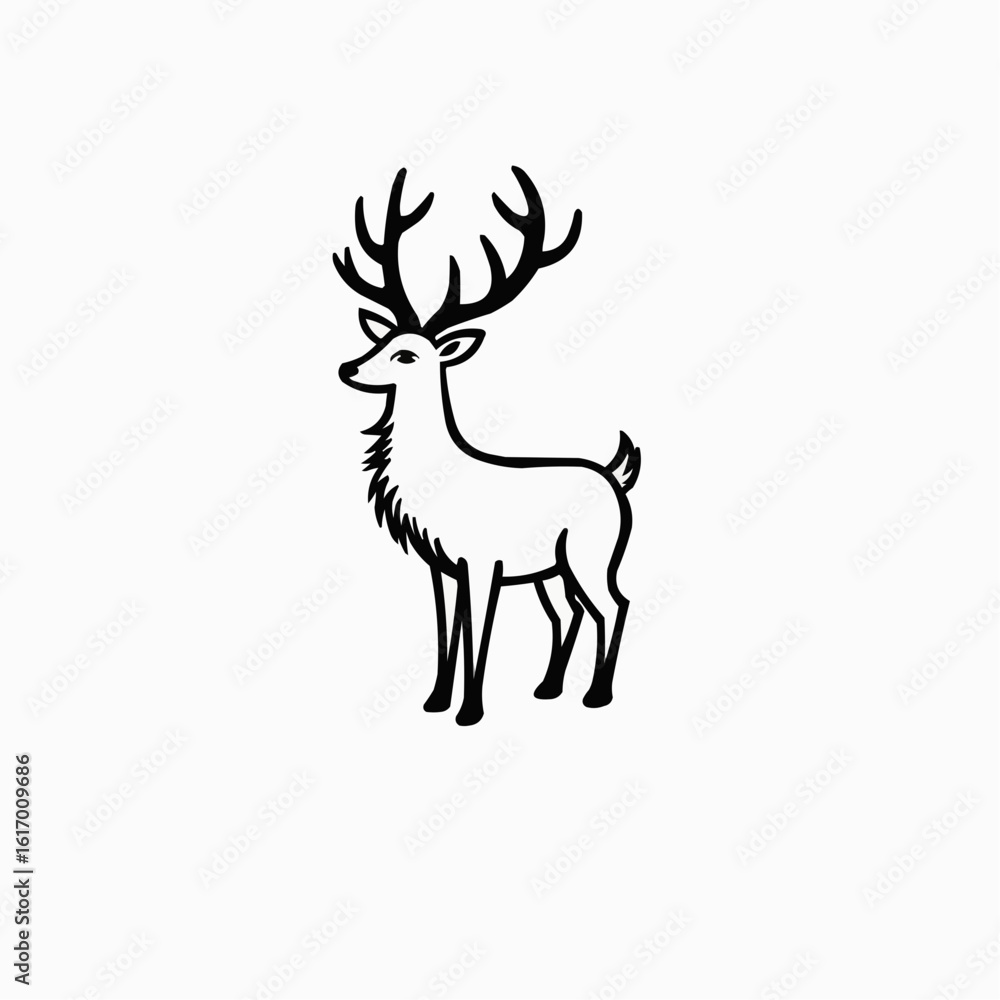 Fototapeta premium Artistic black illustration of a standing deer with antlers on a white background