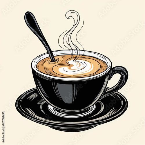 Artistic illustration of a steaming black coffee cup on a saucer