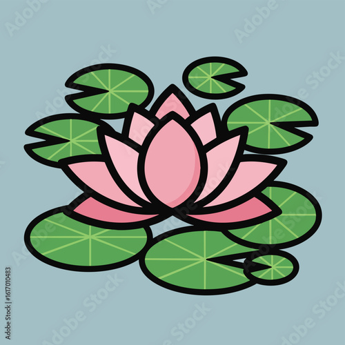 Pink Lotus Flower with Green Lily Pads on Blue Background.