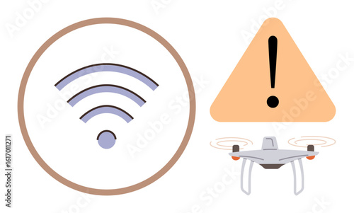 wireless signal icon, orange alert triangle with exclamation mark, and a grey drone. Ideal for technology, connectivity, warnings, drones, aviation troubleshooting safety concepts. Simple flat