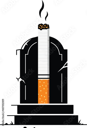 A lit cigarette depicted as a tombstone emphasizing the fatal consequences of smoking