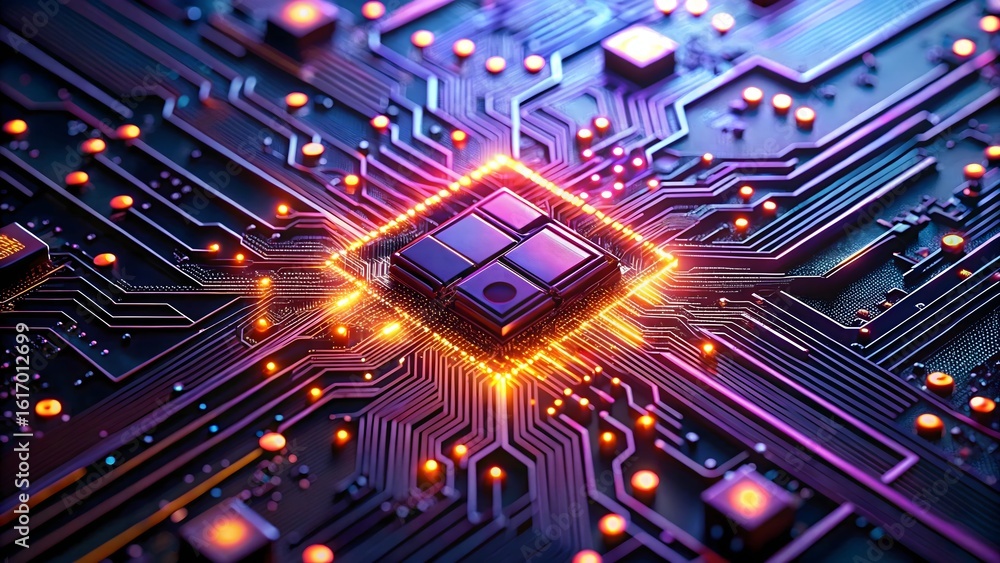 Fototapeta premium Photo of a glowing central processor chip on a complex electronic circuit board with vibrant neon lights