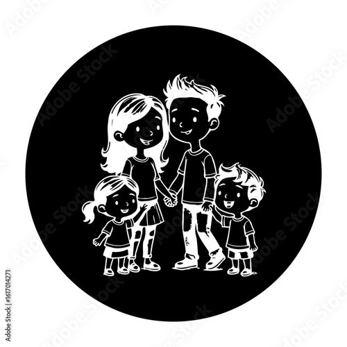 Illustration of a cheerful family with two children standing together happily creating a positive representation
