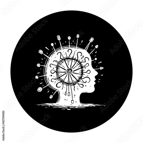 Conceptual illustration showcasing human mind complexity with inner workings represented by a wheel and interconnected elements around it