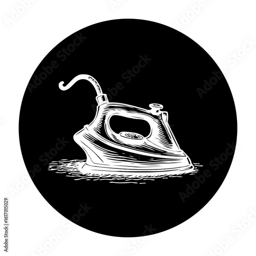 Elegant vintage iron illustration showcasing domestic appliance with classic design and black background providing contrast and visual appeal