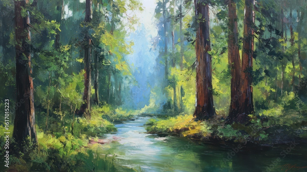 Obraz premium Lush forest scene with a flowing stream, tall trees, and dappled sunlight creating a serene atmosphere
