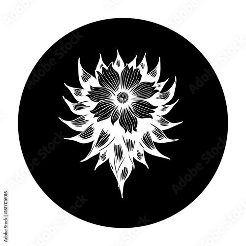 White floral illustration on black background artful design, unique botanical element, nature inspired drawing, abstract flower symbol