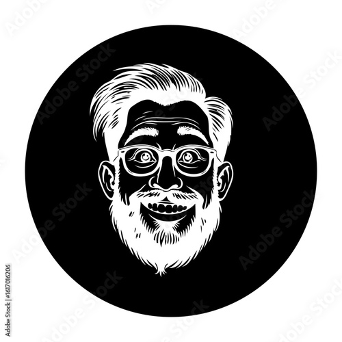 Stylized older man portrait with beard and glasses set against black circular background for icon