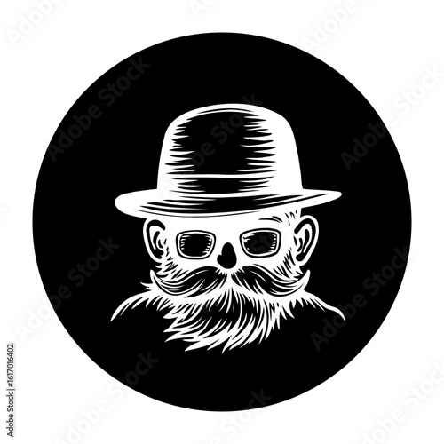 A unique and artistic black and white illustration featuring a man with a beard and hat, exuding character