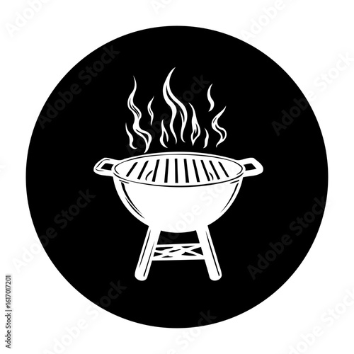 A minimalist barbecue illustration on black background depicts grilling food at outdoor celebrations for friends