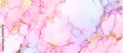 Soft pink marble texture with gold accents and purple veins on a light background abstract design