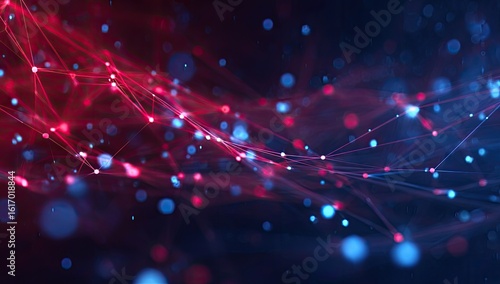 Abstract network of glowing points and lines in red and blue