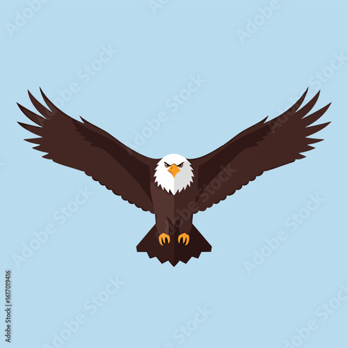 Majestic Bald Eagle Flying with Wings Spread Wide in Flat Design Style.