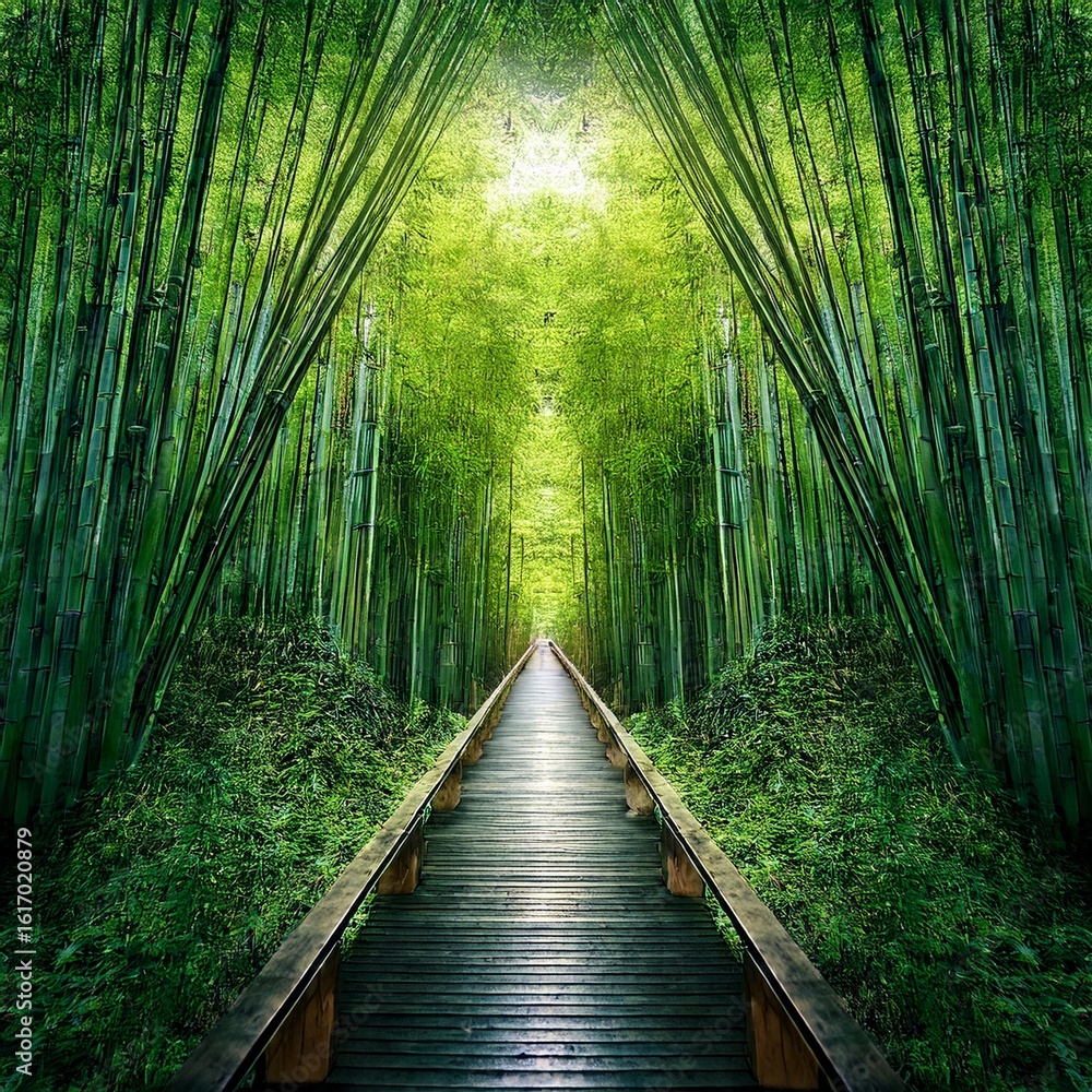 Obraz premium forest path with soft green lighting, top