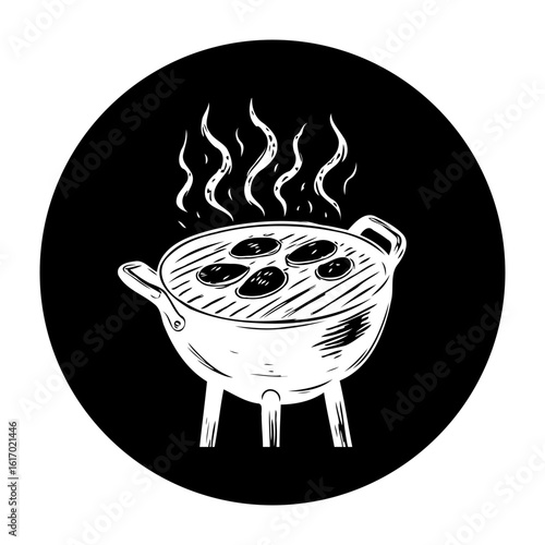 Illustration of barbecue grill with sausages on it and rising steam from the food isolated on background