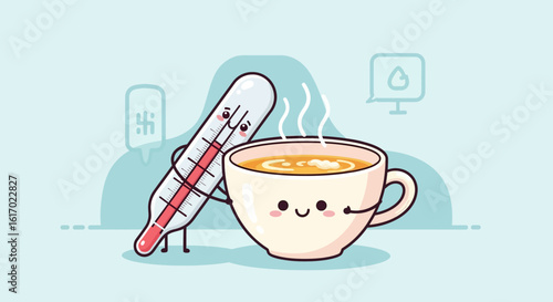 Cute Thermometer and Soup Cup Cartoon – Get Well Soon Kawaii Illustration