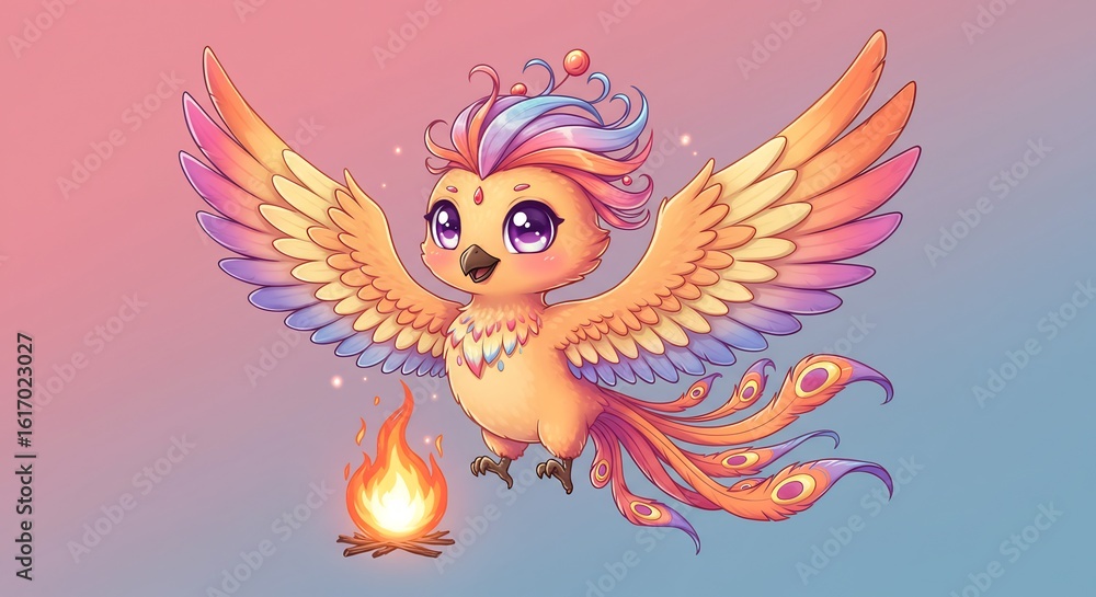 Obraz premium Adorable pastel phoenix joyfully soaring above gentle flames. AI Generated