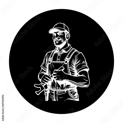 Illustrated mechanic in overalls with wrench on black background perfect for automotive industrial services advertisement