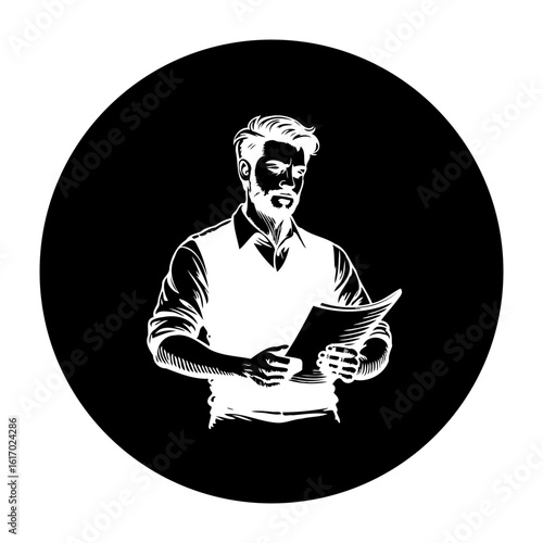Monochrome portrait of a stylish man reading a document with a focused expression and black background circle