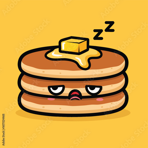 Cute cartoon stack of sleepy pancakes with a grumpy face and melting butter.