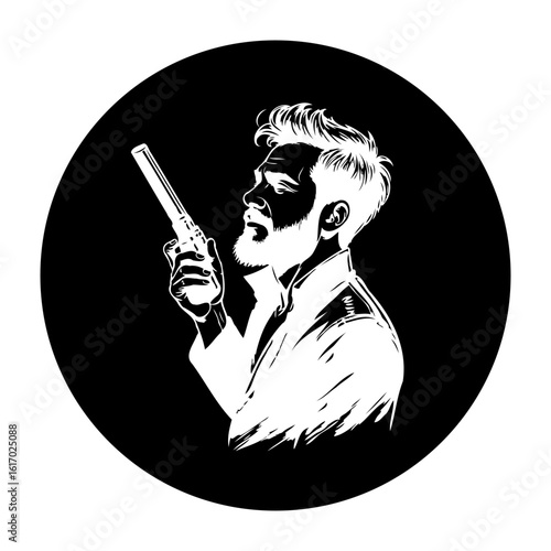 Illustration of a man holding a gun in a noir setting depicts thriller elements and suspense, suggesting crime