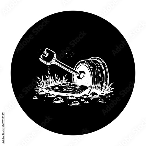 Conceptual drawing illustrating pollution and environmental damage with a can and fork in nature environment