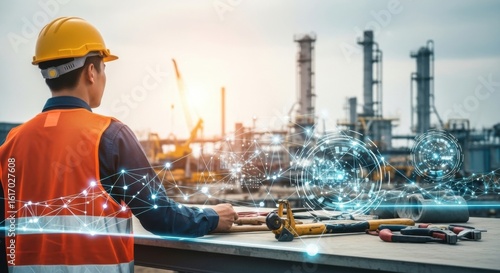 Industrial worker overseeing a technologically advanced factory operations with digital data streams