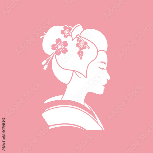 Elegant Japanese Woman Silhouette with Traditional Hairstyle and Sakura.