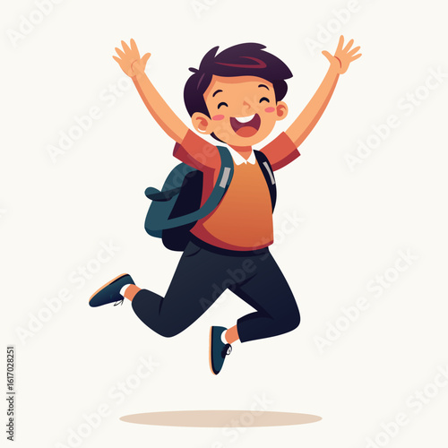 a happy school-aged boy or girl leaping joyfully into the air, arms raised, with a backpack on their shoulders, isolated on white background