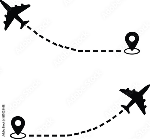 A set of airplane silhouettes with dotted flight paths, representing travel routes and aviation movement. Perfect for flight-related designs, trip planning concepts, and air travel graphics