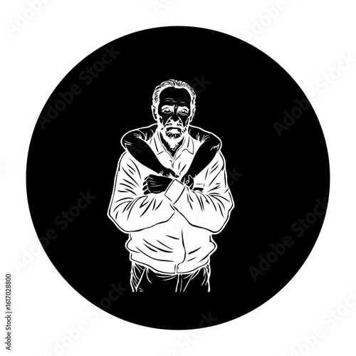 Monochrome portrait of elderly man with arms around him, a symbolic and poignant representation of support and protection