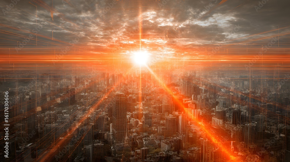 Obraz premium Urban cityscape at sunrise with digital lines.