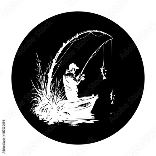 Silhouette illustration of a fisherman in a boat angling with the fishing rod and caught fishes