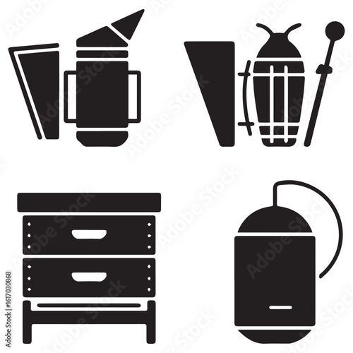 Collection of beekeeping equipment icons featuring a smoker hive tool bee suit and honey extractor