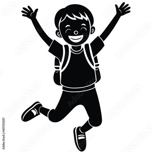 a happy school-aged boy or girl leaping joyfully into the air, arms raised, with a backpack on their shoulders, isolated on white background