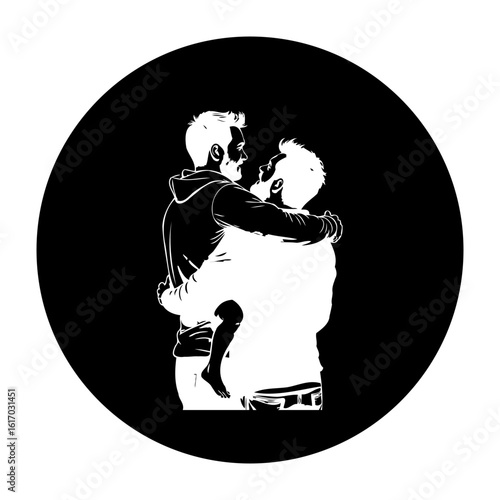 Illustration of a father lovingly embracing his son conveying a strong bond and affection depicted in minimalist vector art