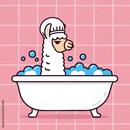 Cartoon Llama in Bathtub with Bubbles and Shower Cap on Pink Tile Background.