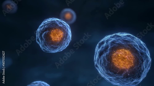 Timelapse footage of cellular light intensity fading gradually paired with intermittent amber senescence tag highlighting declining cell function.